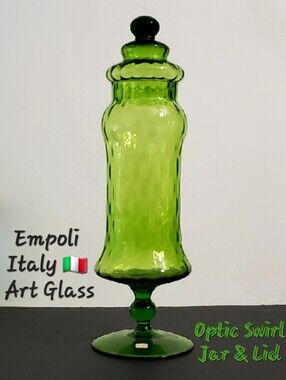 13.5" Empoli Optic Bright Green Tall Apothecary Jar & Lid MCM